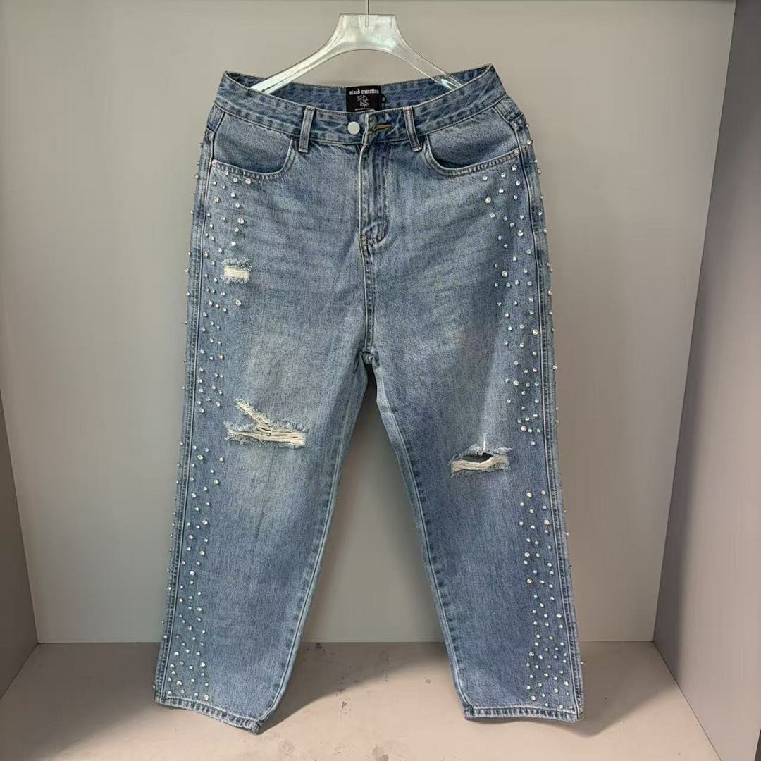 MIXED EMOTION Studded Distressed Double-Tone Jeans