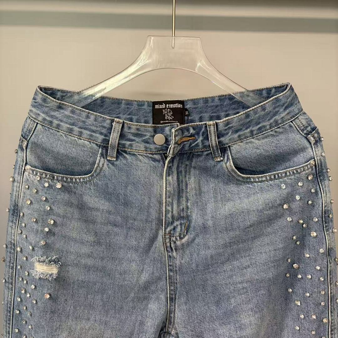 MIXED EMOTION Studded Distressed Double-Tone Jeans