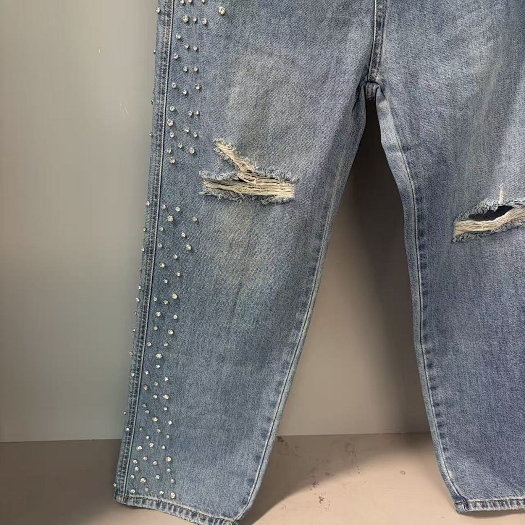 MIXED EMOTION Studded Distressed Double-Tone Jeans