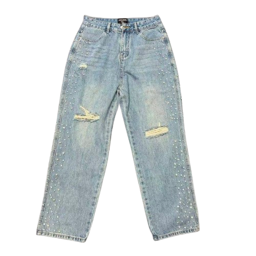 MIXED EMOTION Studded Distressed Double-Tone Jeans