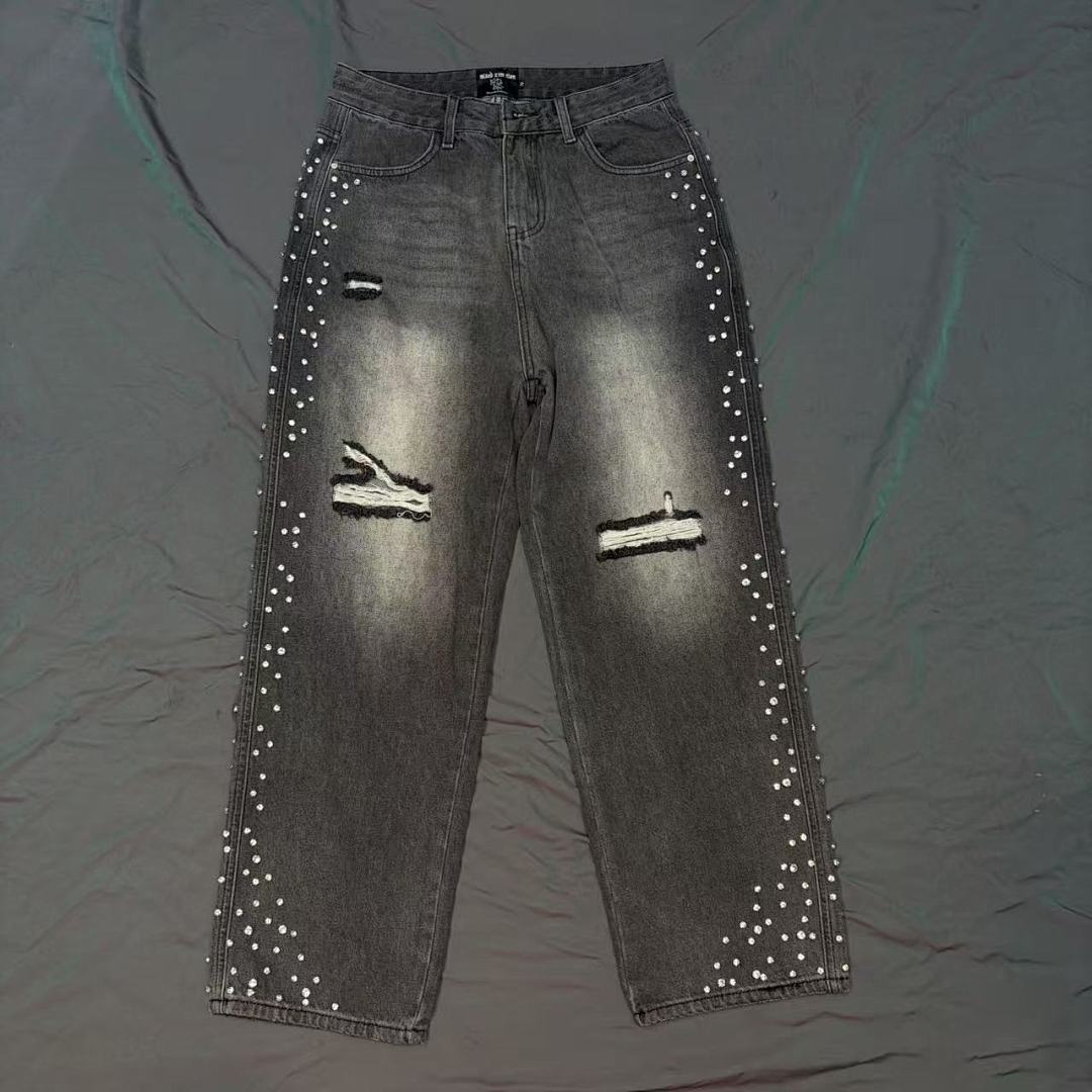 MIXED EMOTION Studded Distressed Double-Tone Jeans