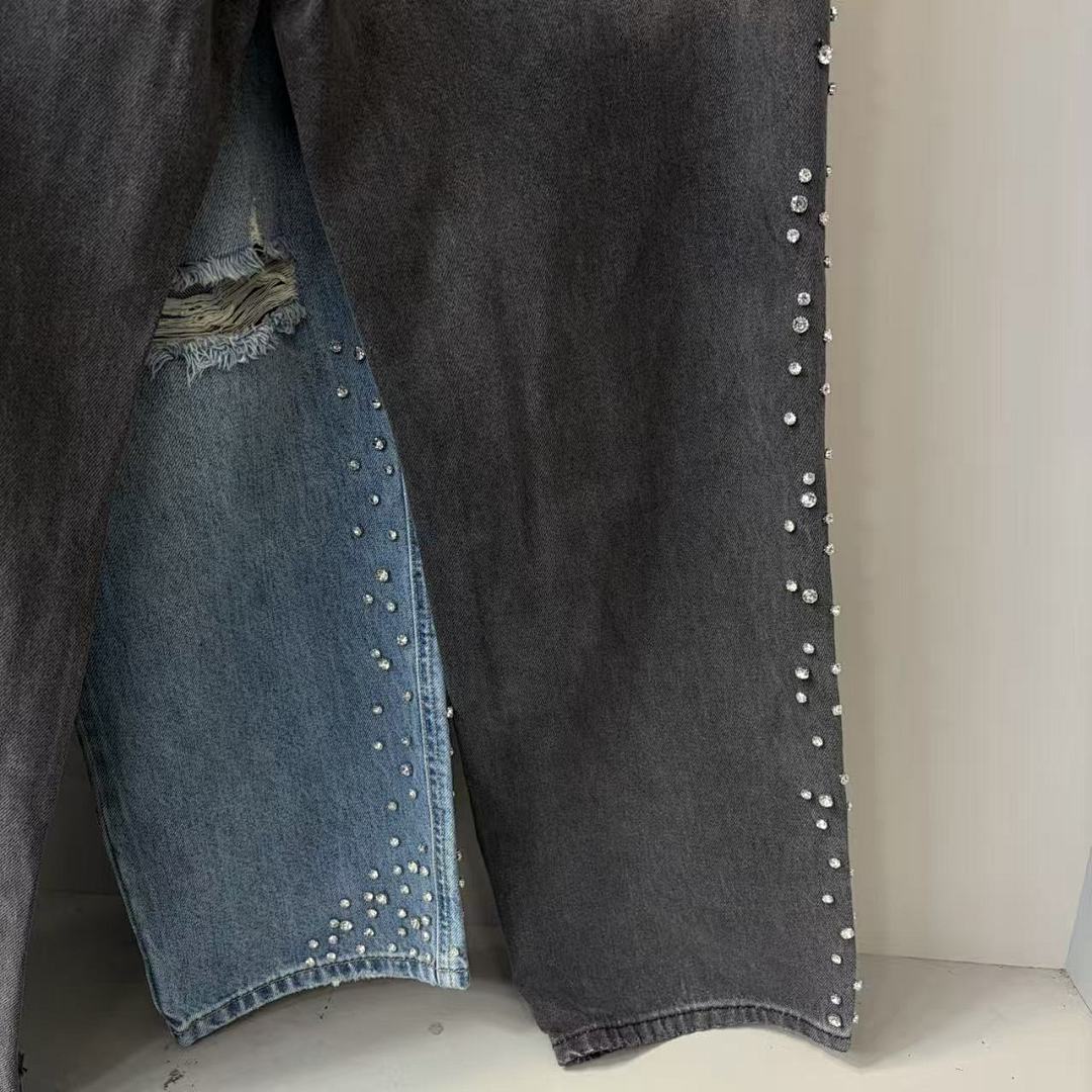 MIXED EMOTION Studded Distressed Double-Tone Jeans