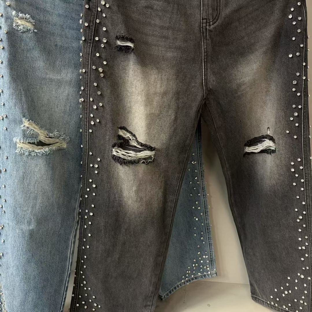 MIXED EMOTION Studded Distressed Double-Tone Jeans