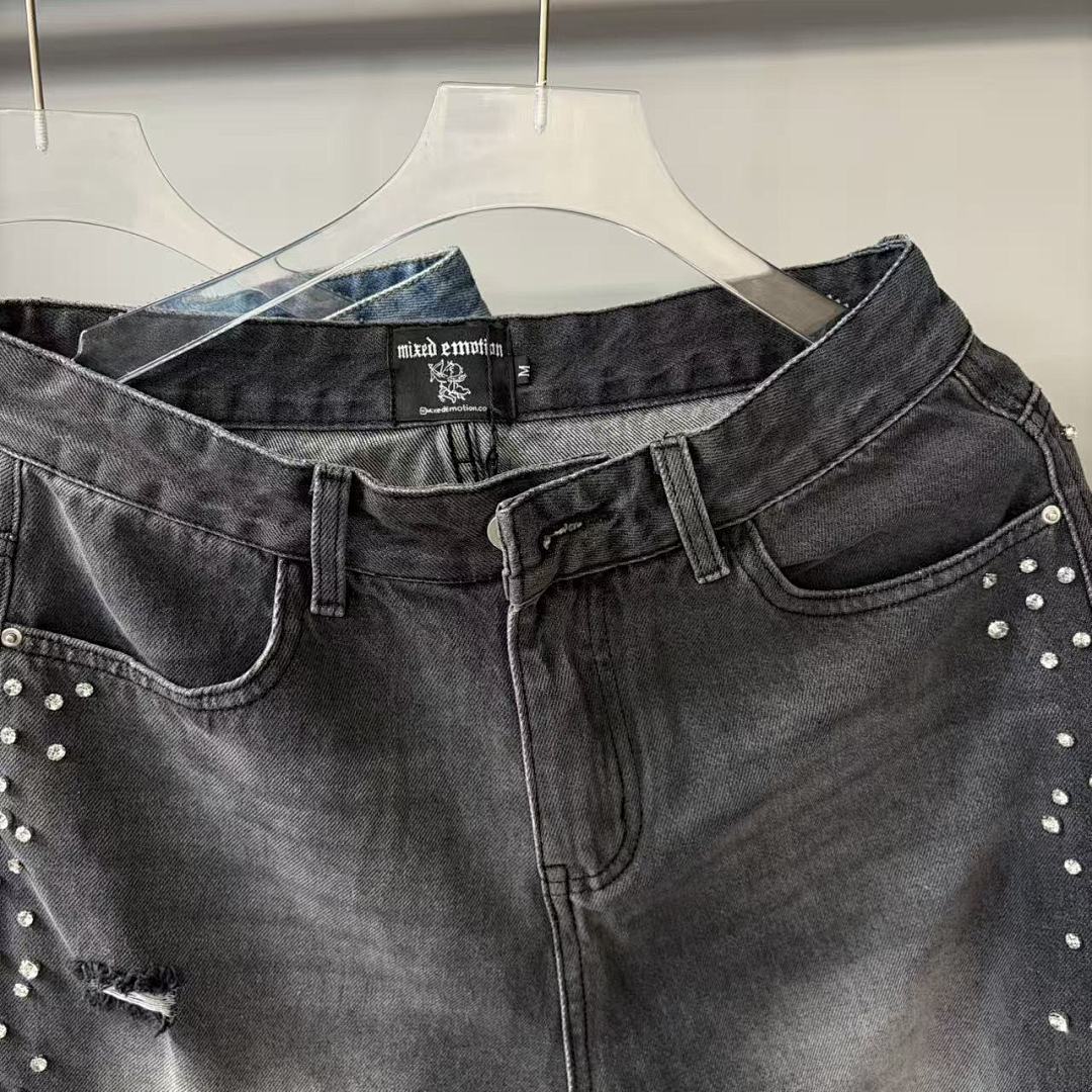 MIXED EMOTION Studded Distressed Double-Tone Jeans