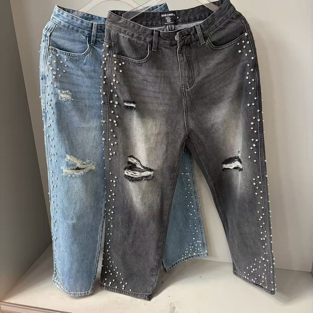 MIXED EMOTION Studded Distressed Double-Tone Jeans