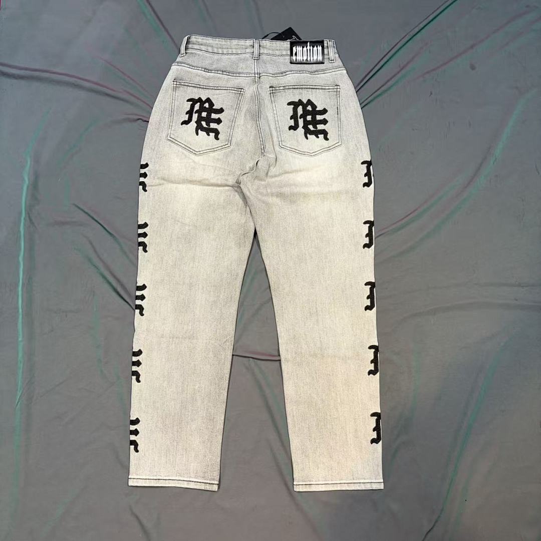 MIXED EMOTION Washed Side Graphic Denim Jeans
