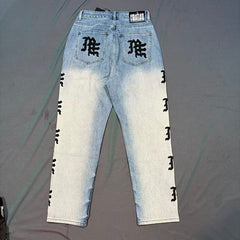 MIXED EMOTION Repeated Letter Side Graphic Jeans