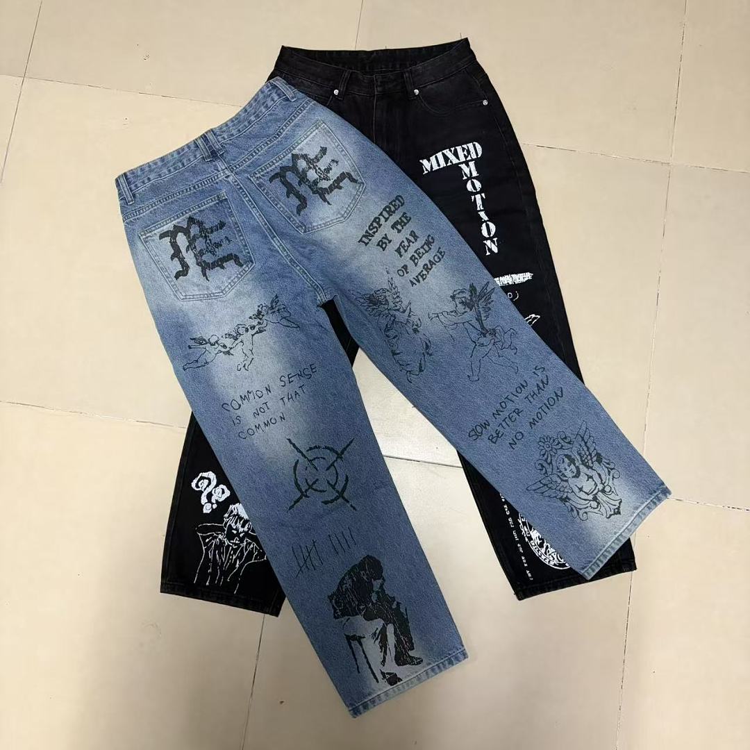 MIXED EMOTION Dual Graphic Distressed Denim Jeans