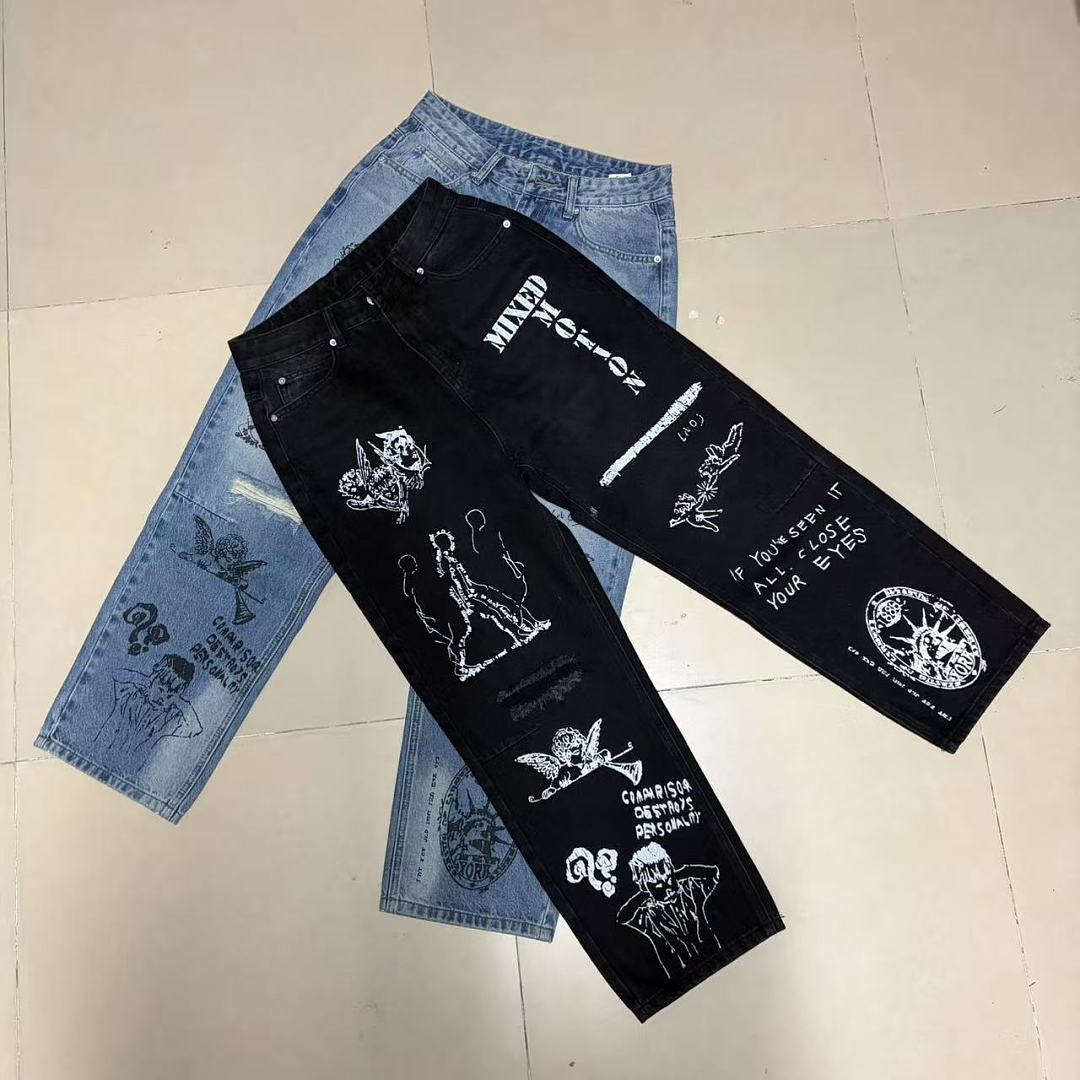 MIXED EMOTION Dual Graphic Distressed Denim Jeans