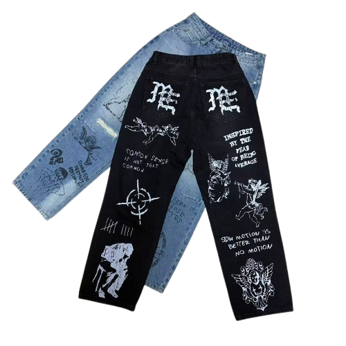 MIXED EMOTION Dual Graphic Distressed Denim Jeans