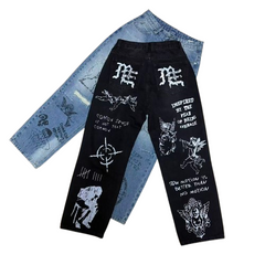 MIXED EMOTION Dual Graphic Distressed Denim Jeans
