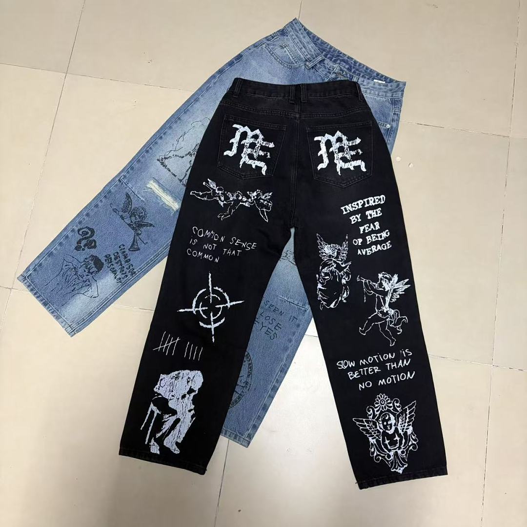 MIXED EMOTION Dual Graphic Distressed Denim Jeans