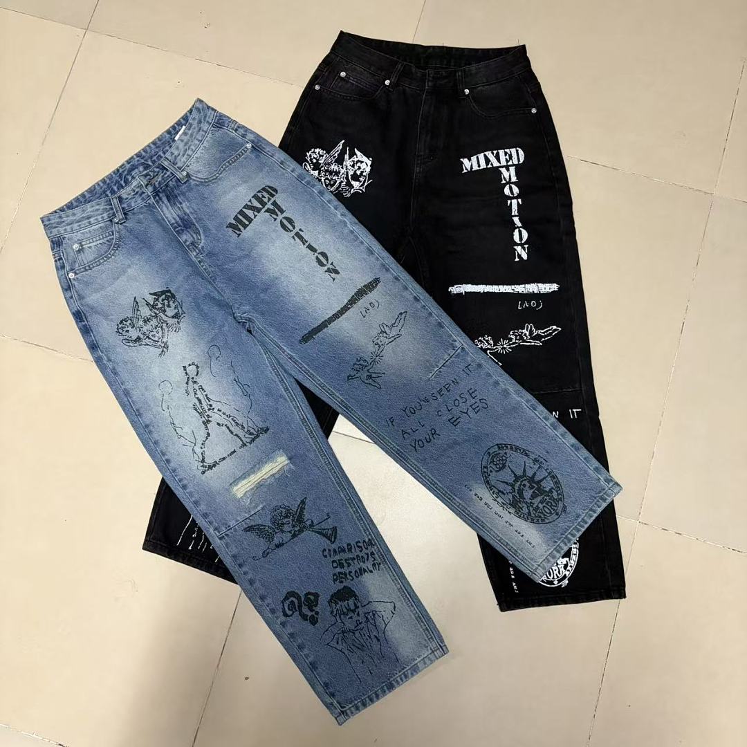 MIXED EMOTION Dual Graphic Distressed Denim Jeans