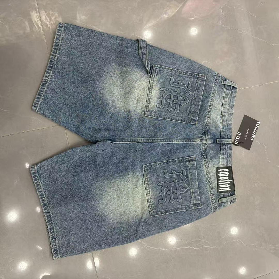 MIXED EMOTION Embroidered Letter Carpenter Denim Shorts