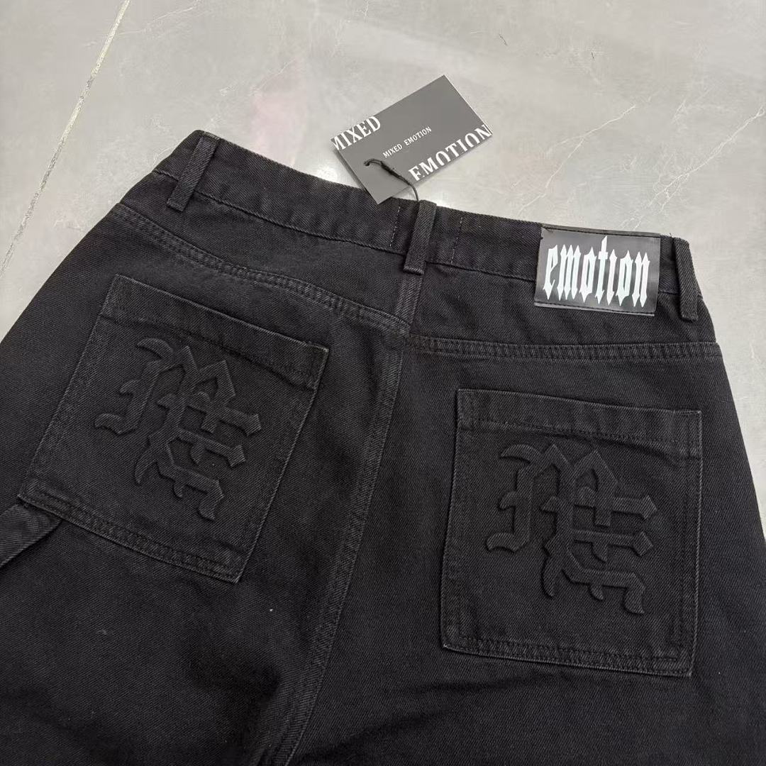 MIXED EMOTION Embroidered Letter Carpenter Denim Shorts