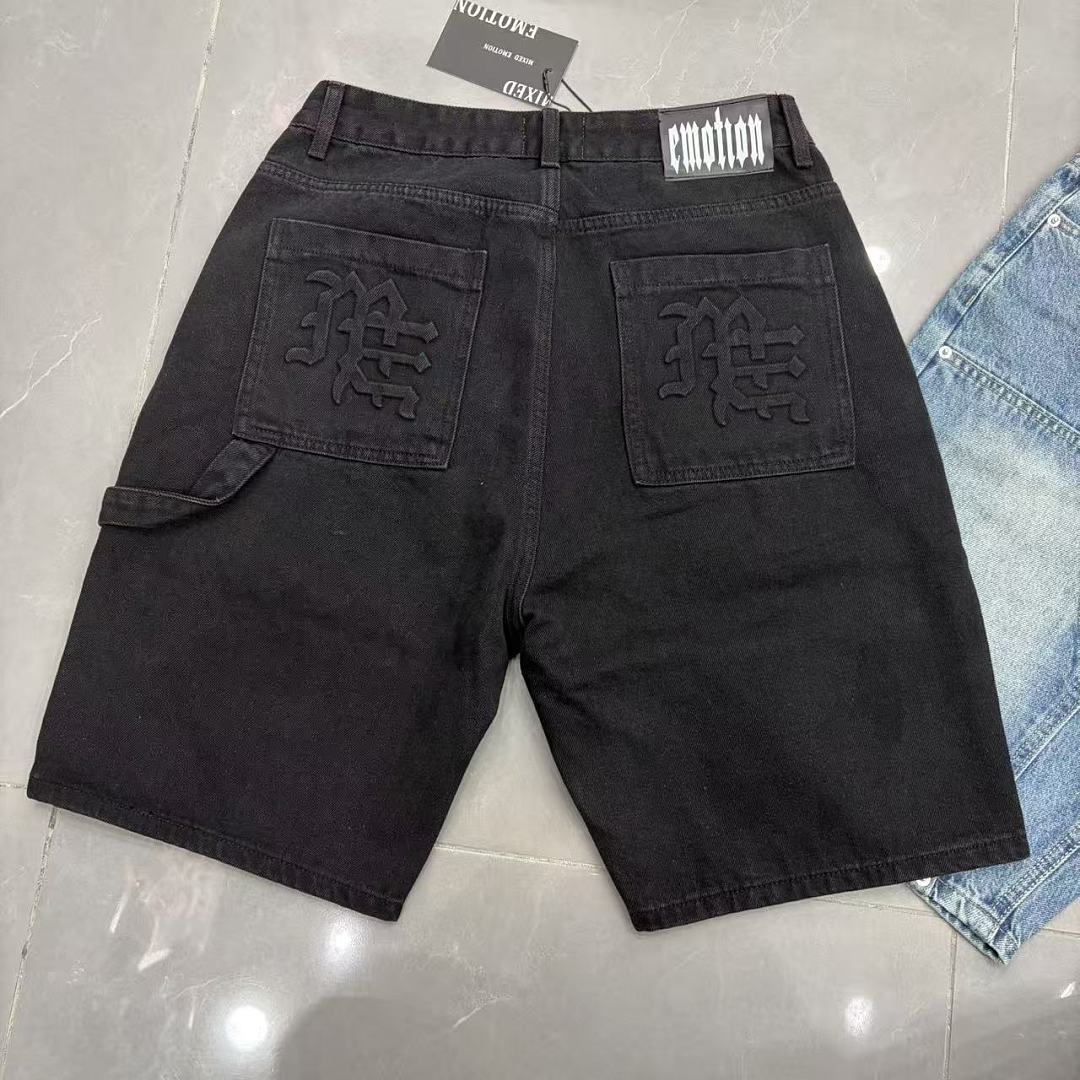 MIXED EMOTION Embroidered Letter Carpenter Denim Shorts
