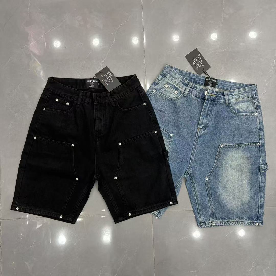 MIXED EMOTION Embroidered Letter Carpenter Denim Shorts