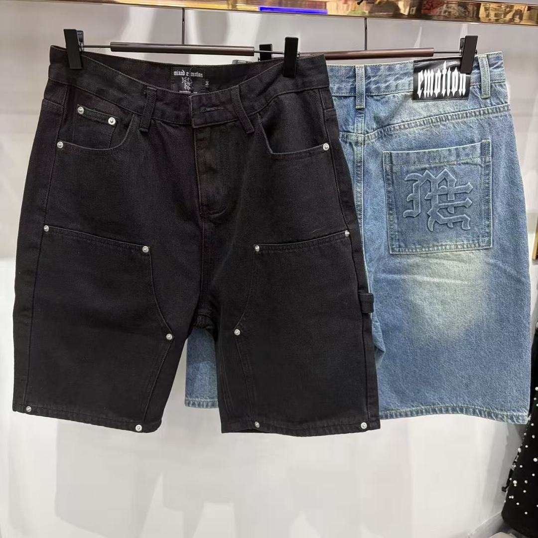 MIXED EMOTION Embroidered Letter Carpenter Denim Shorts