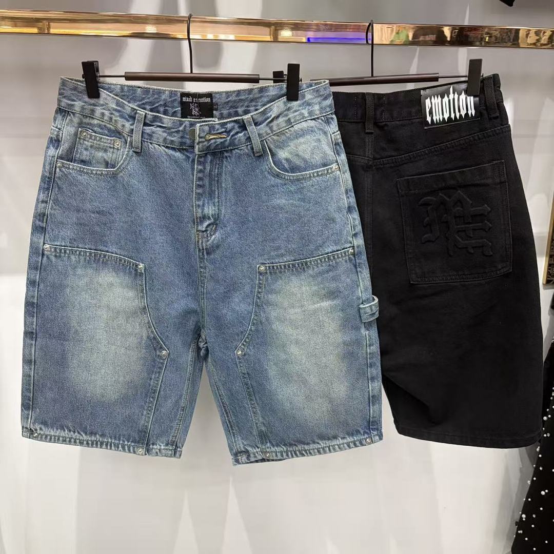 MIXED EMOTION Embroidered Letter Carpenter Denim Shorts