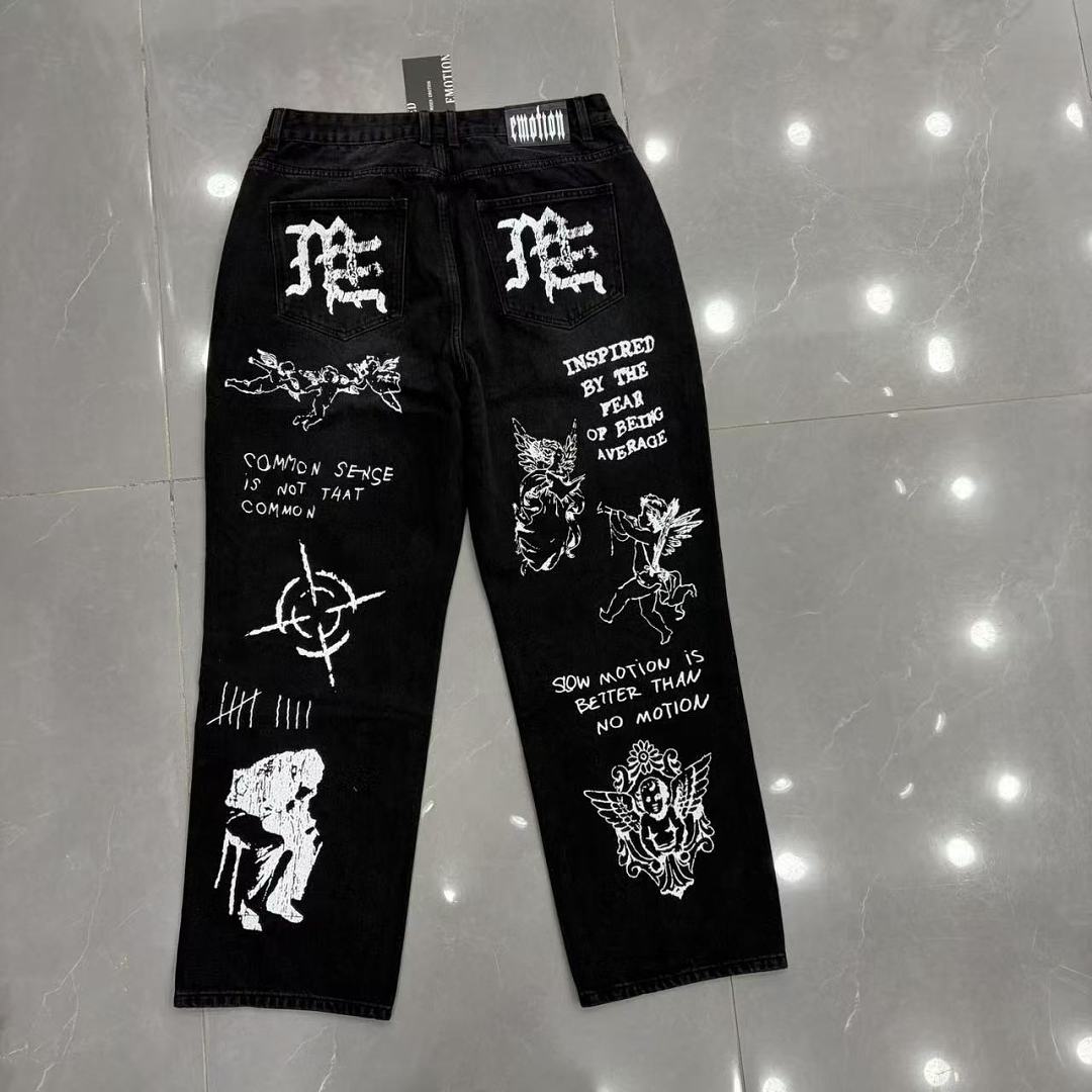 MIXED EMOTION Dual Graphic Distressed Denim Jeans