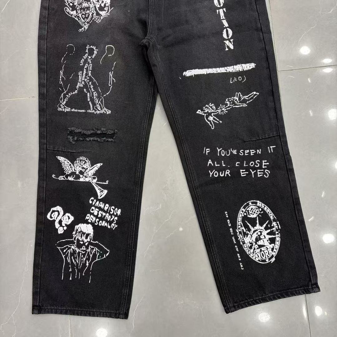 MIXED EMOTION Dual Graphic Distressed Denim Jeans
