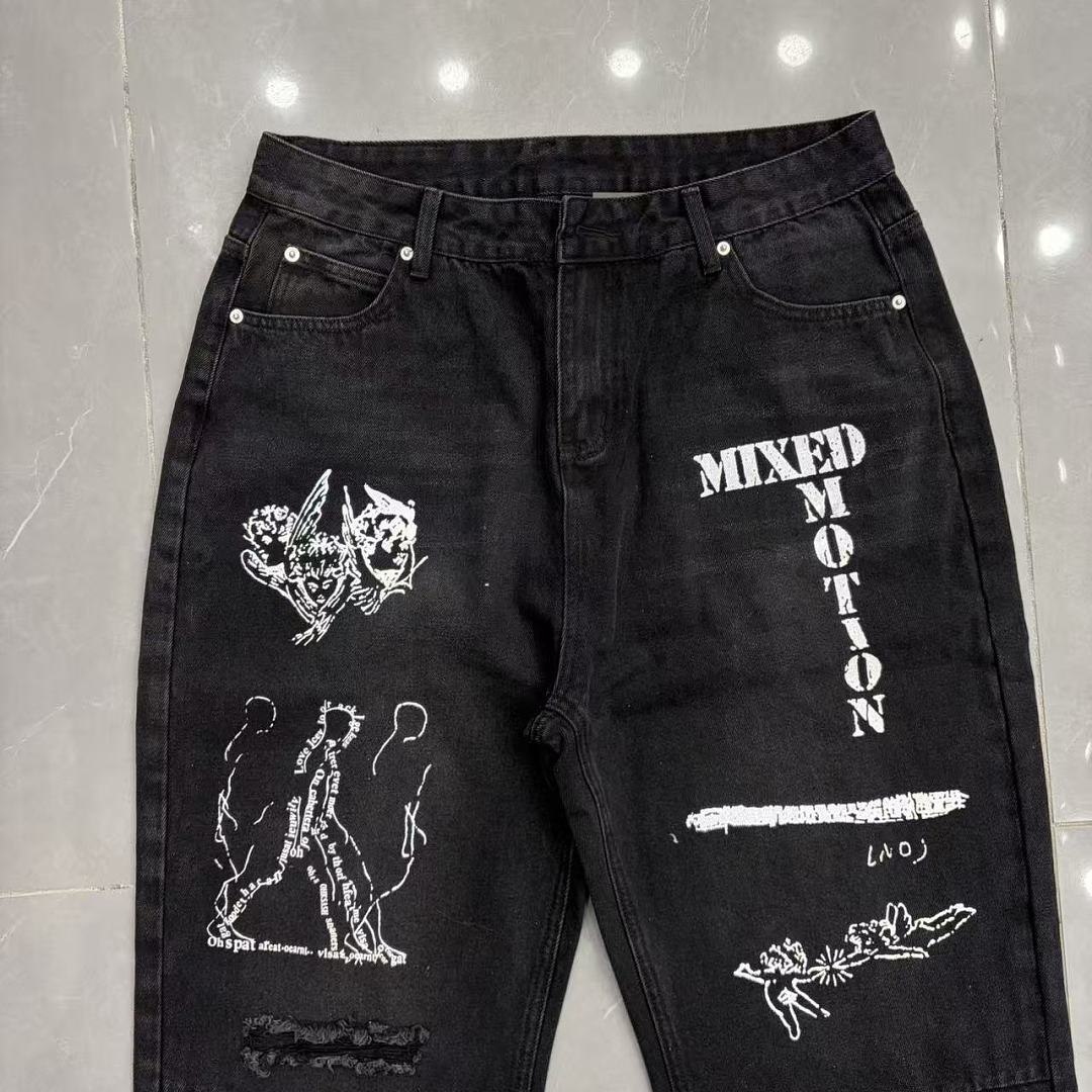 MIXED EMOTION Dual Graphic Distressed Denim Jeans