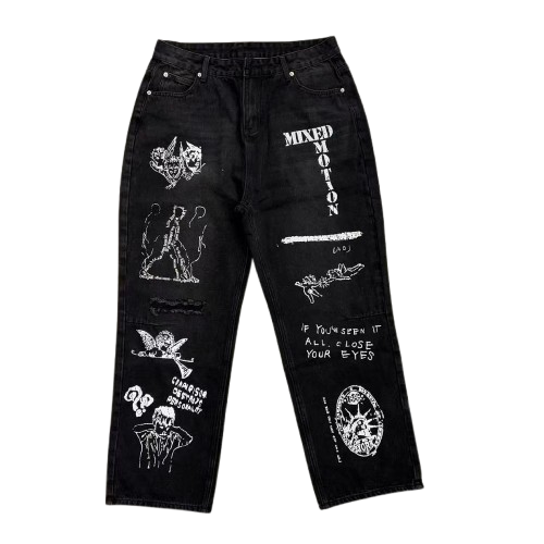 MIXED EMOTION Dual Graphic Distressed Denim Jeans