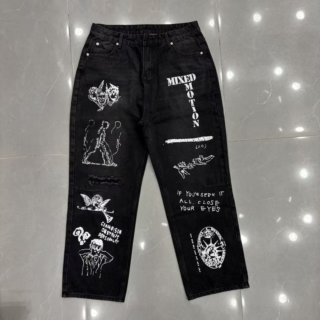 MIXED EMOTION Dual Graphic Distressed Denim Jeans