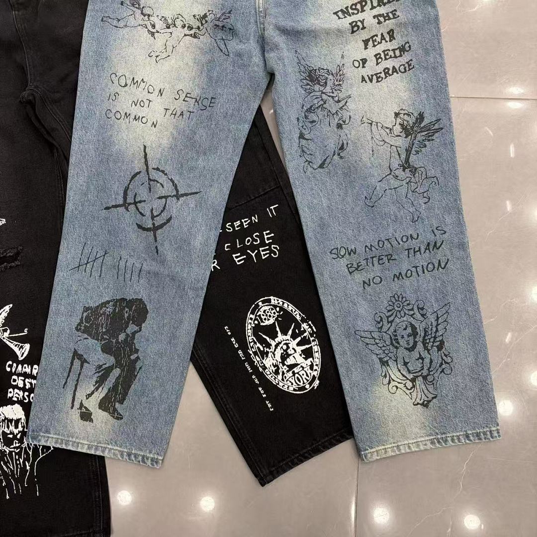 MIXED EMOTION Dual Graphic Distressed Denim Jeans