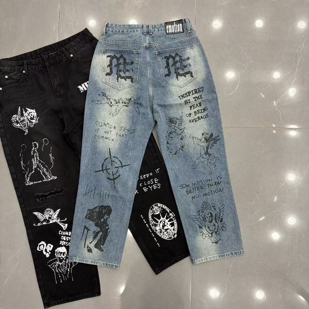 MIXED EMOTION Dual Graphic Distressed Denim Jeans