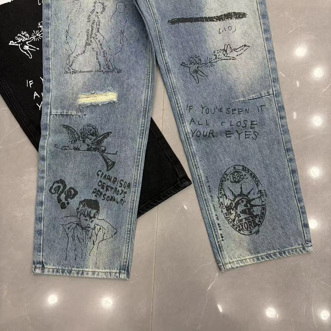 MIXED EMOTION Dual Graphic Distressed Denim Jeans