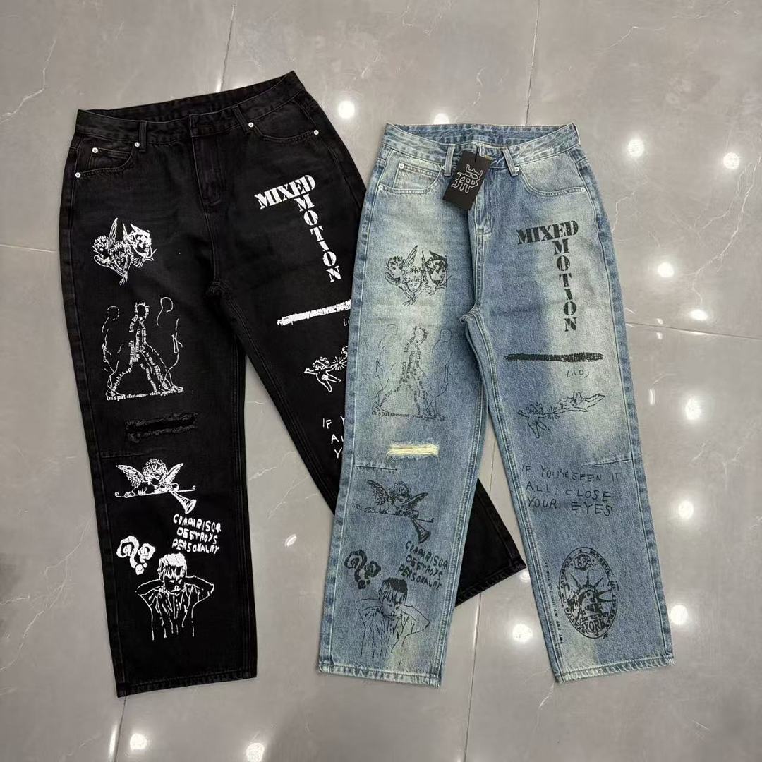 MIXED EMOTION Dual Graphic Distressed Denim Jeans