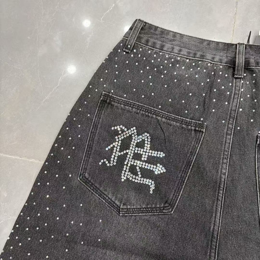 MIXED EMOTION Rhinestone Letter Graphic Relaxed Denim Shorts