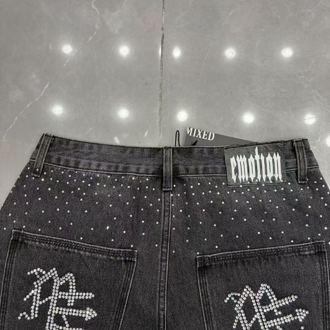 MIXED EMOTION Rhinestone Letter Graphic Relaxed Denim Shorts