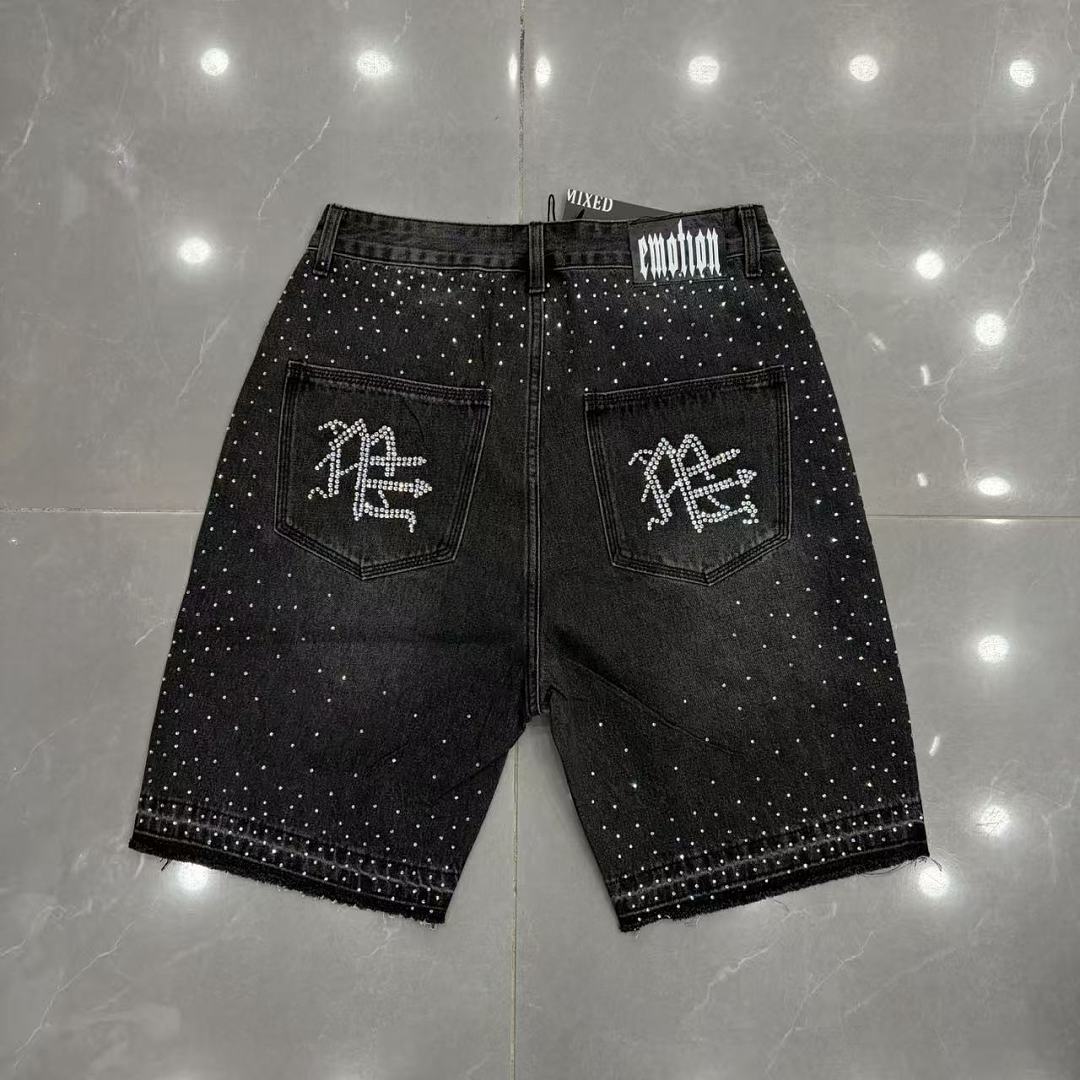 MIXED EMOTION Rhinestone Letter Graphic Relaxed Denim Shorts