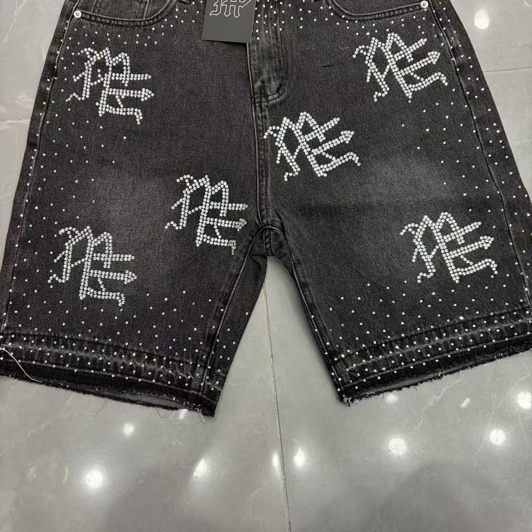 MIXED EMOTION Rhinestone Letter Graphic Relaxed Denim Shorts