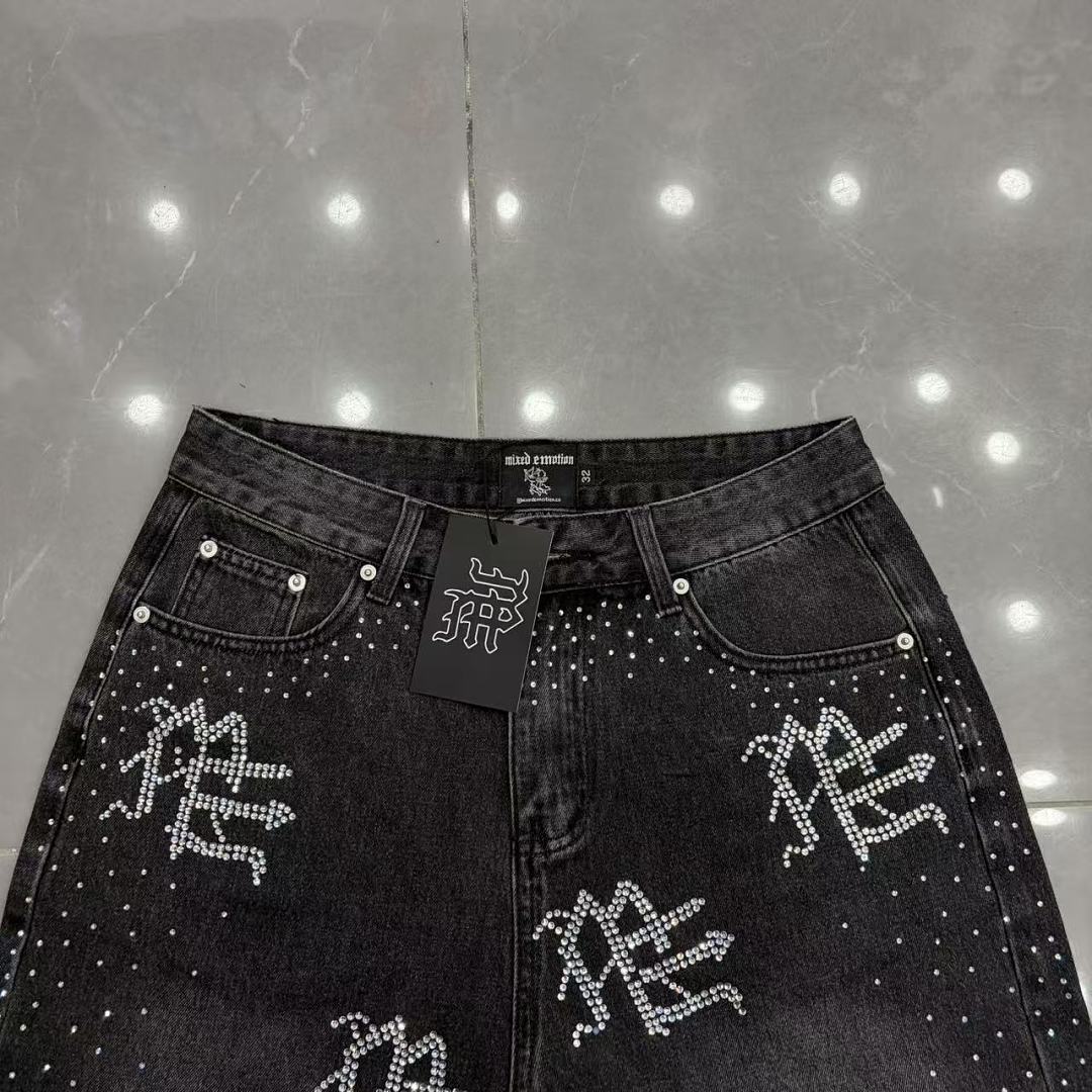 MIXED EMOTION Rhinestone Letter Graphic Relaxed Denim Shorts