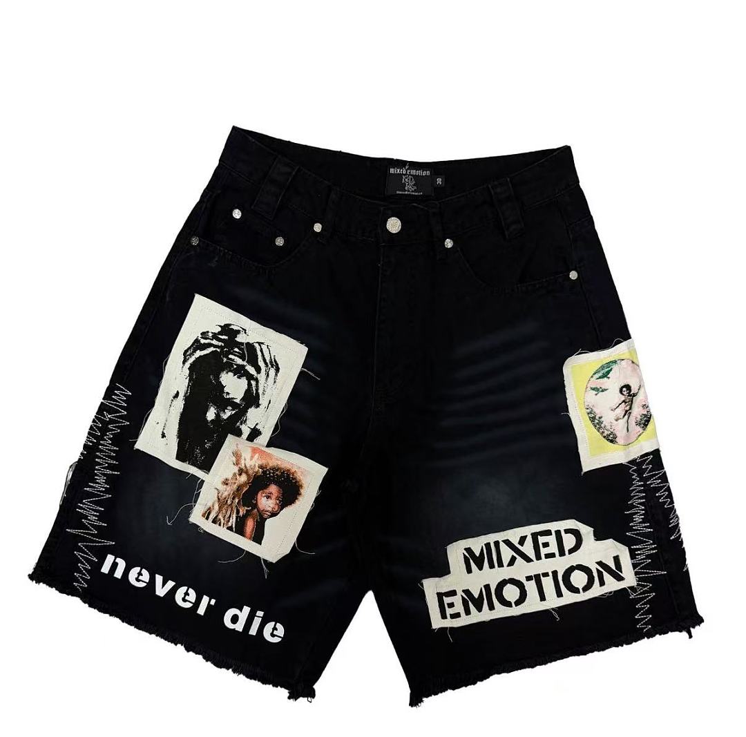 MIXED EMOTION Patchwork Graphic Casual Denim Shorts