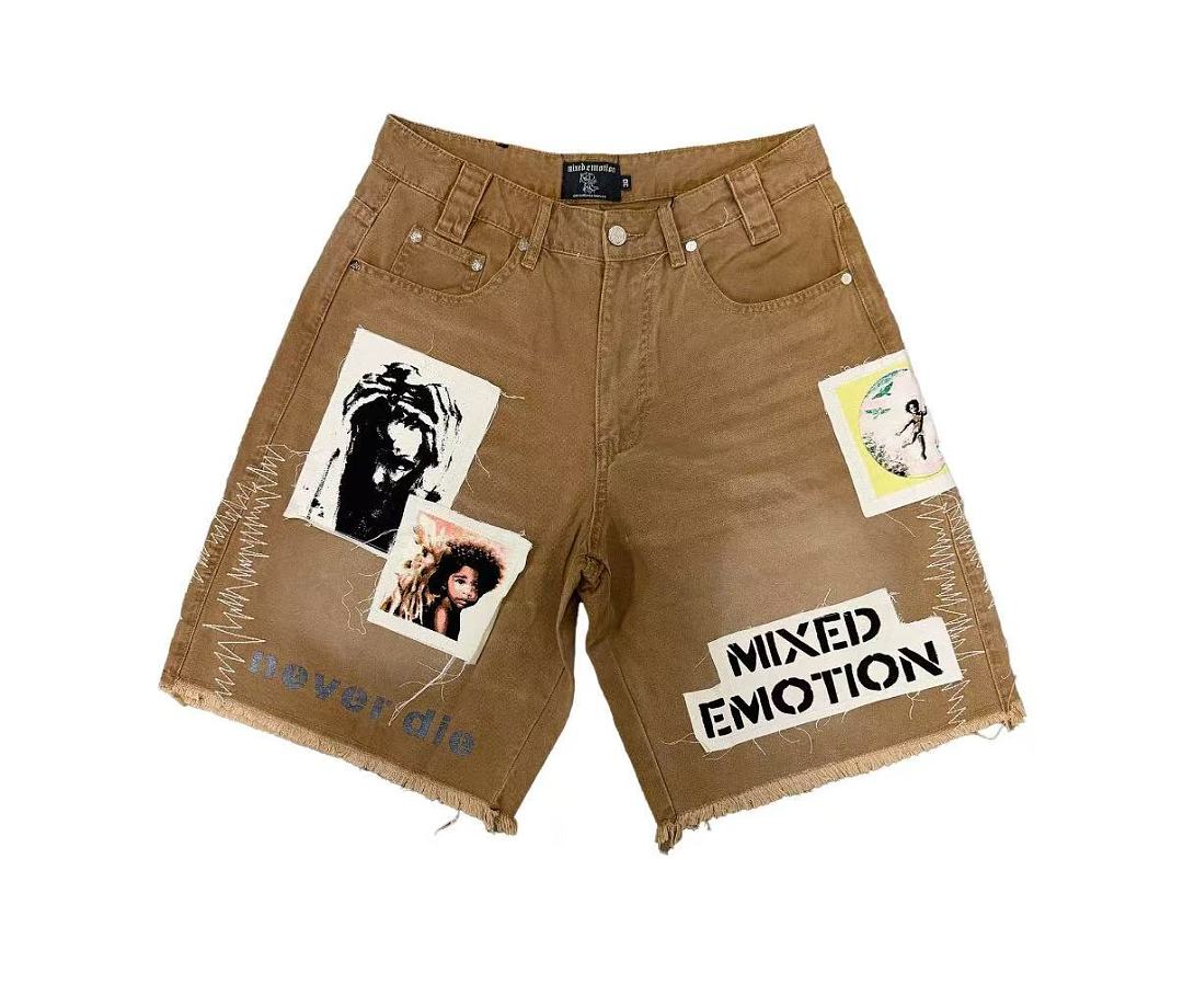 MIXED EMOTION Patchwork Graphic Casual Denim Shorts