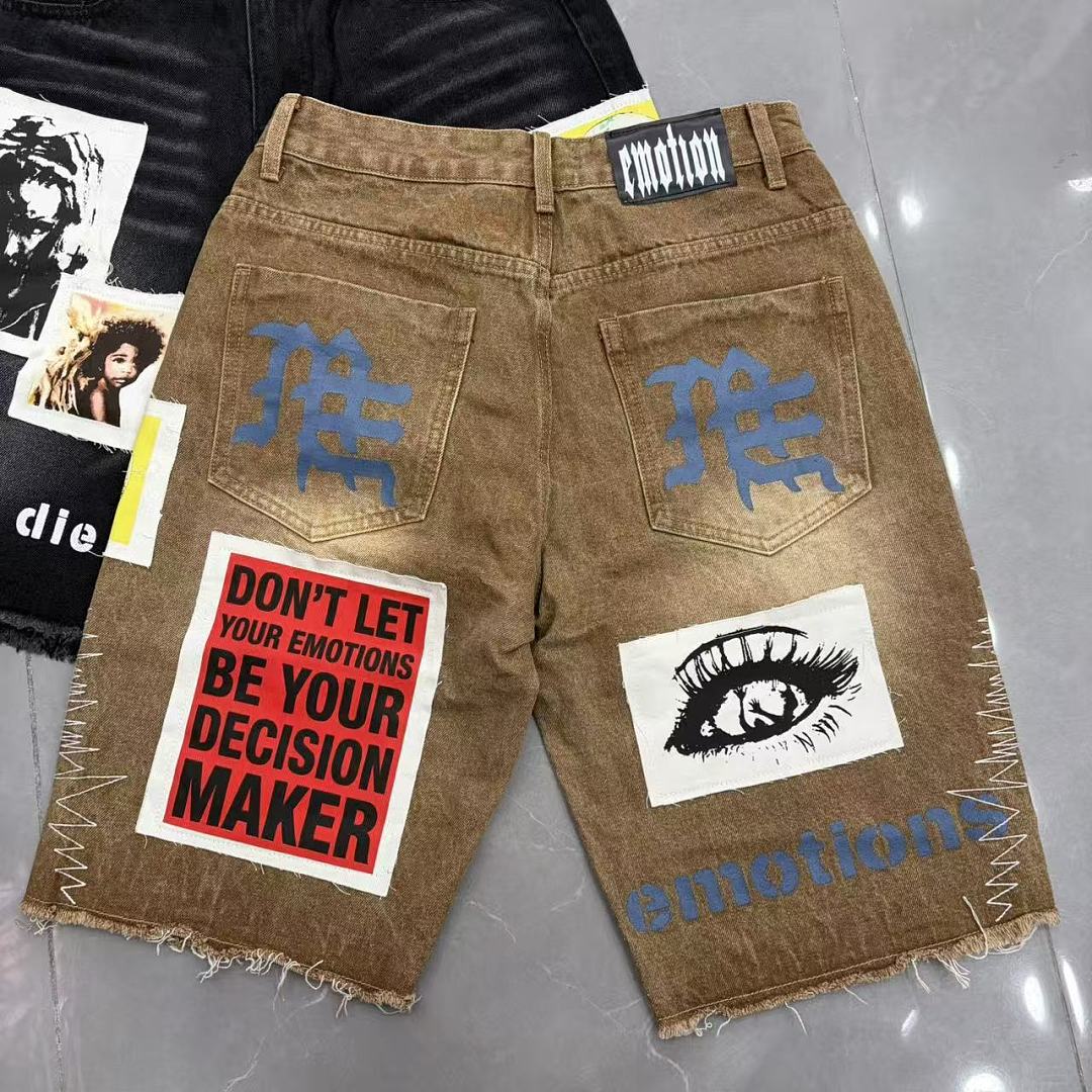 MIXED EMOTION Patchwork Graphic Casual Denim Shorts