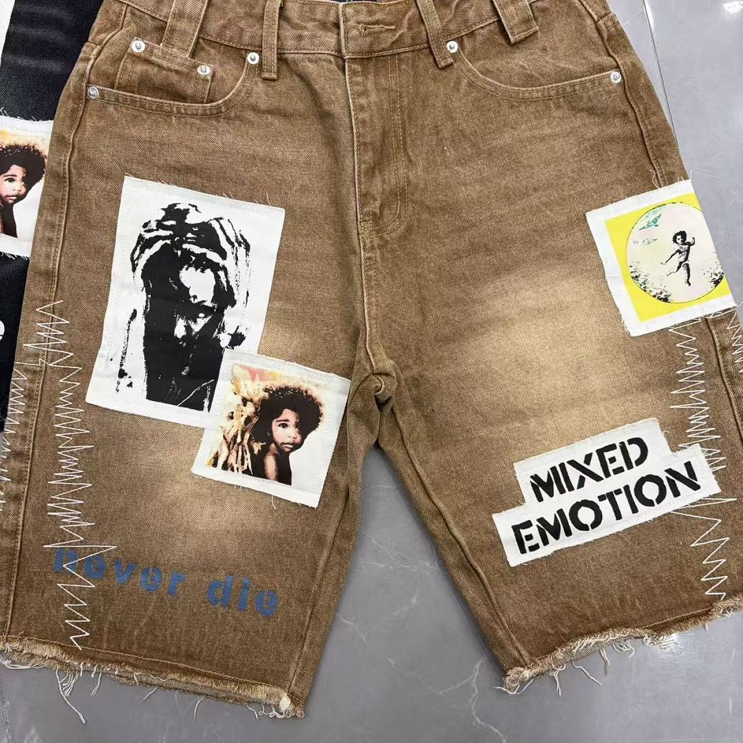 MIXED EMOTION Patchwork Graphic Casual Denim Shorts