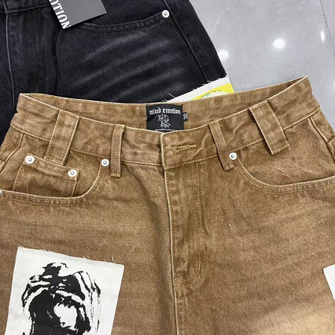 MIXED EMOTION Patchwork Graphic Casual Denim Shorts