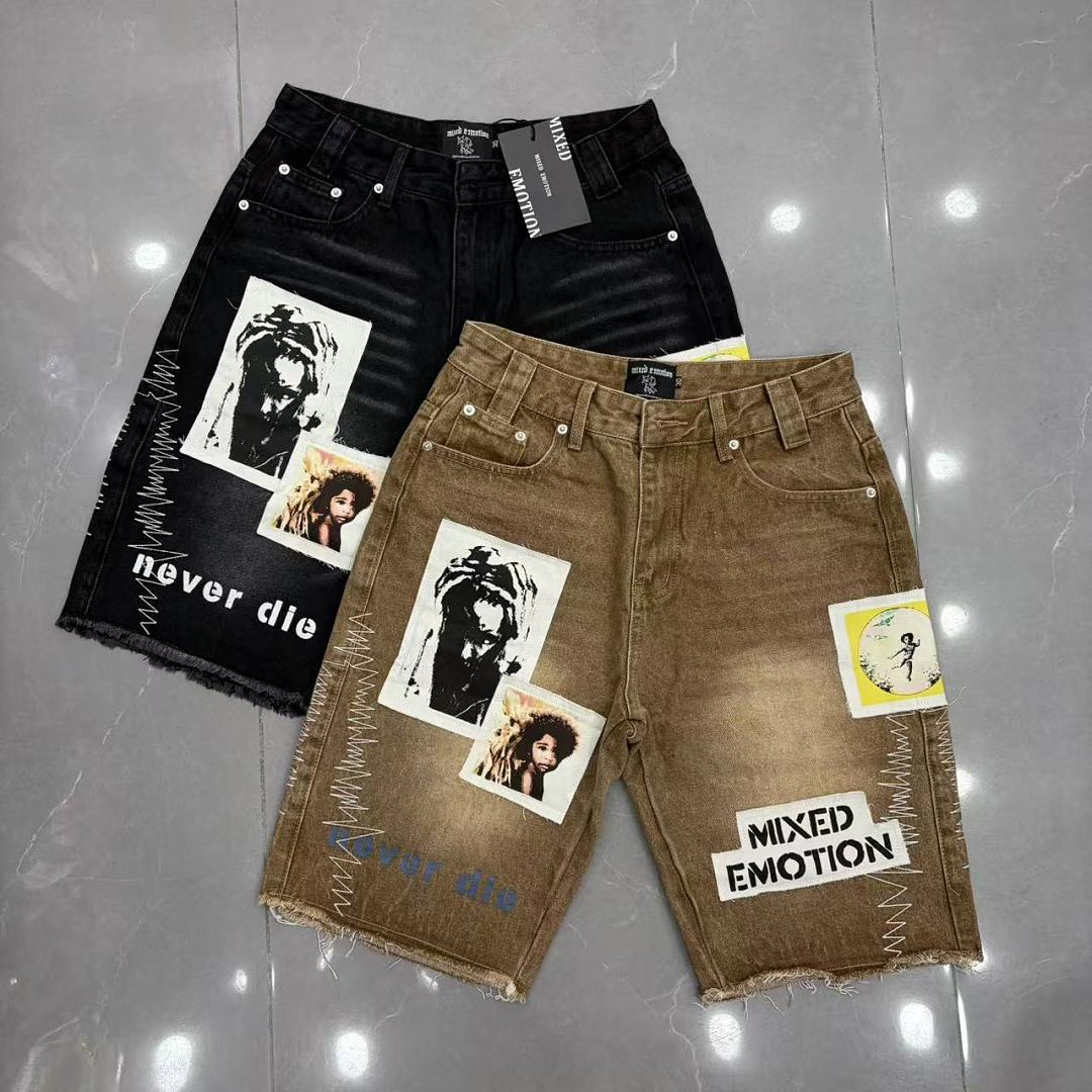 MIXED EMOTION Patchwork Graphic Casual Denim Shorts