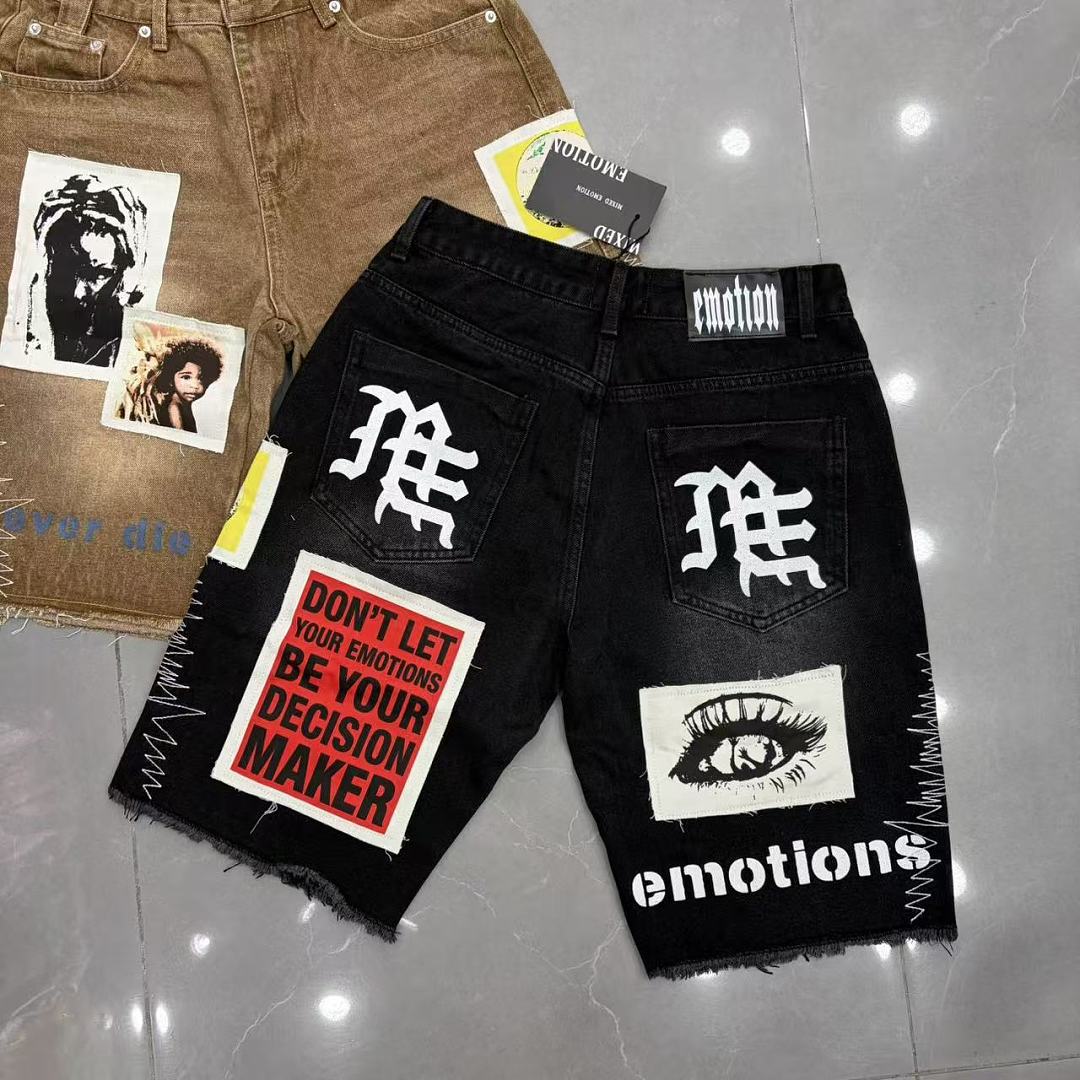 MIXED EMOTION Patchwork Graphic Casual Denim Shorts