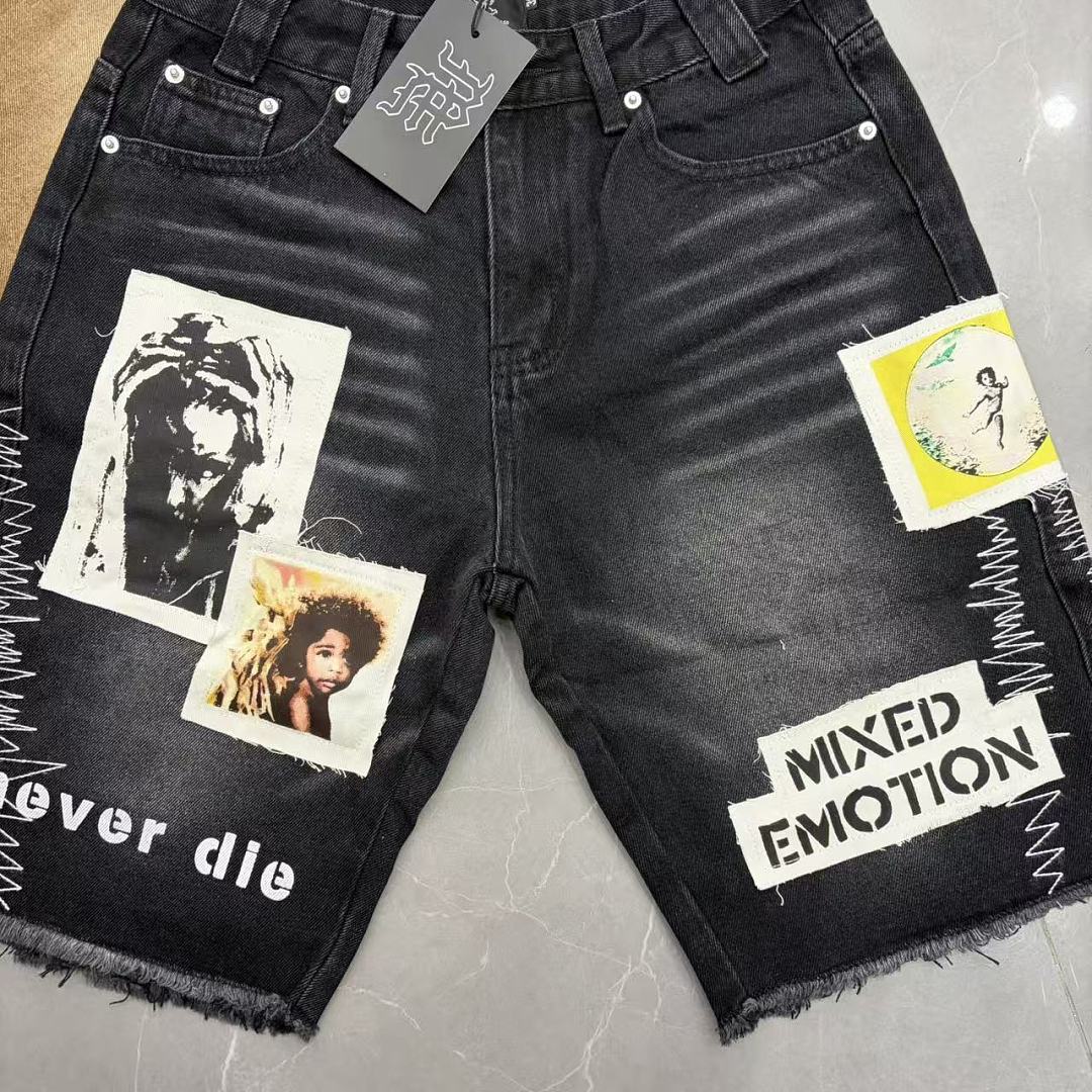MIXED EMOTION Patchwork Graphic Casual Denim Shorts