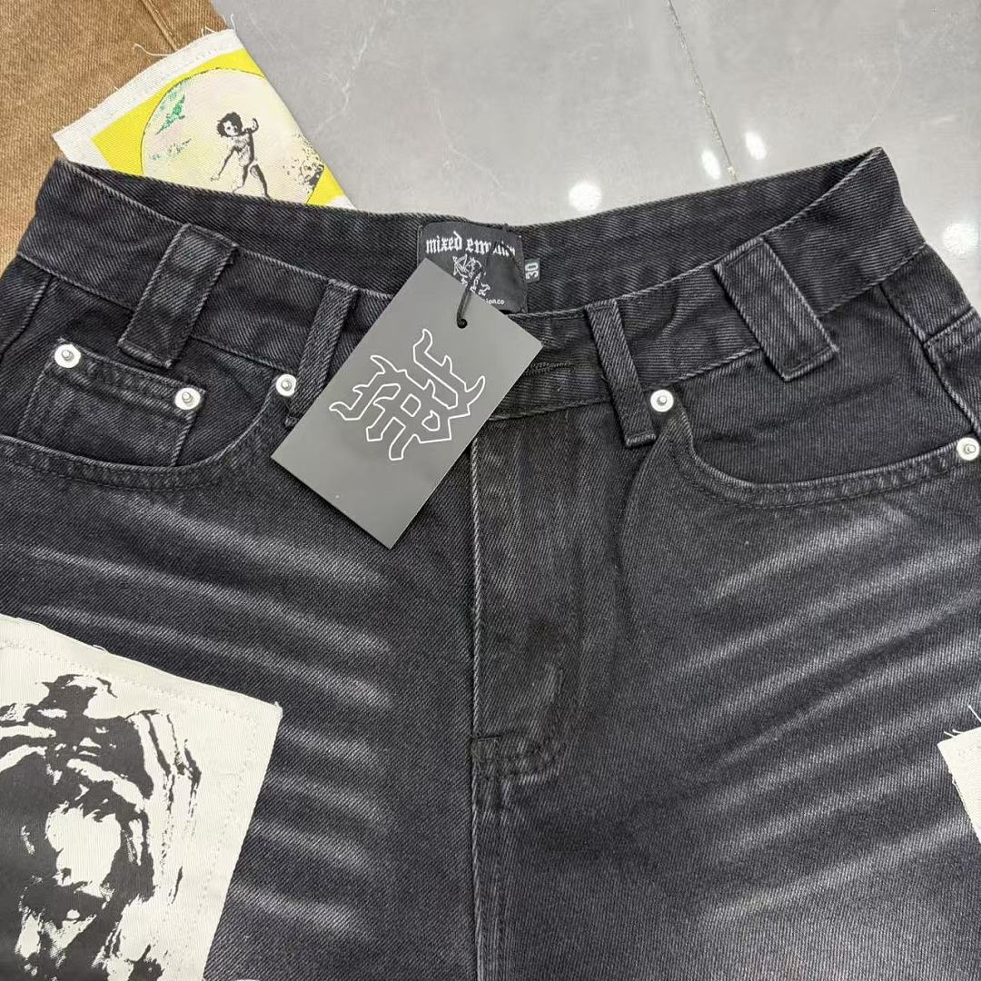 MIXED EMOTION Patchwork Graphic Casual Denim Shorts