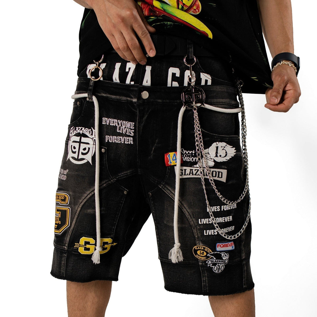Shorts Denim `Patches' -Double Waistband |GLAZA GOD| Black