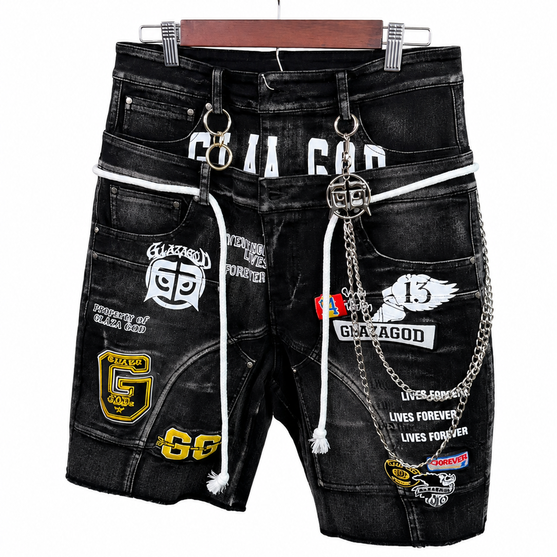 Shorts Denim `Patches' -Double Waistband |GLAZA GOD| Black