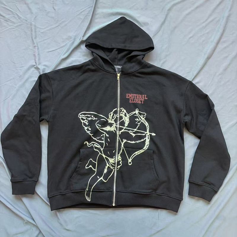 MIXED EMOTION Vintage Wing Graphic Zip-Up Hoodie
