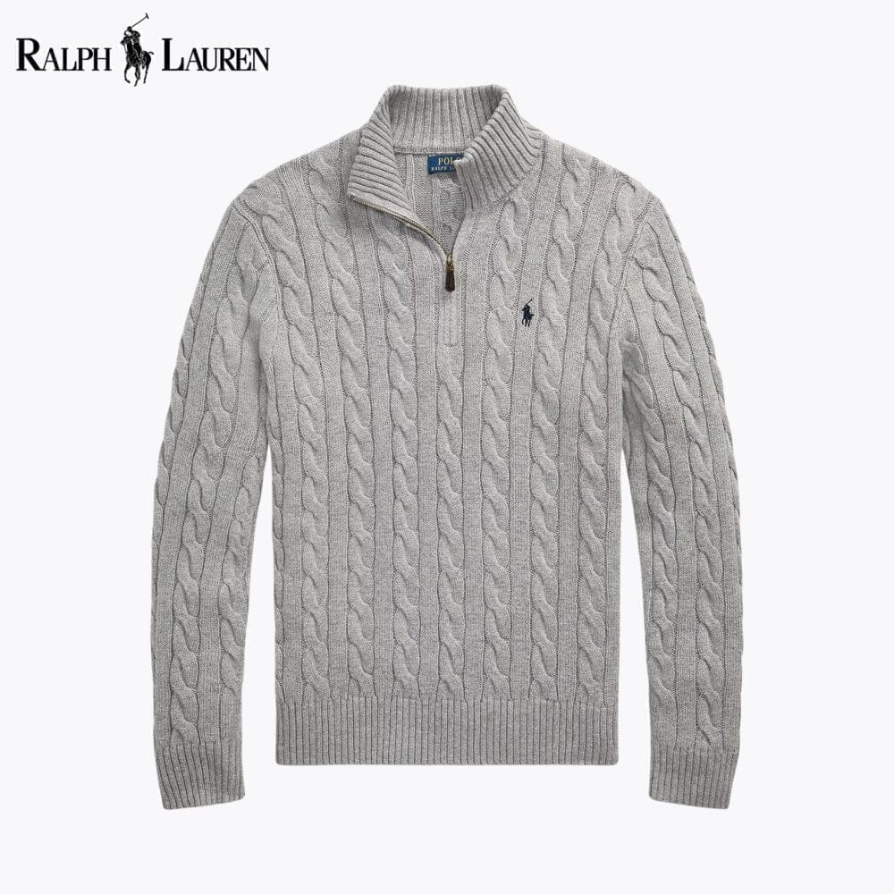 Grobstrick-Baumwollpullover mit Viertelreißverschluss